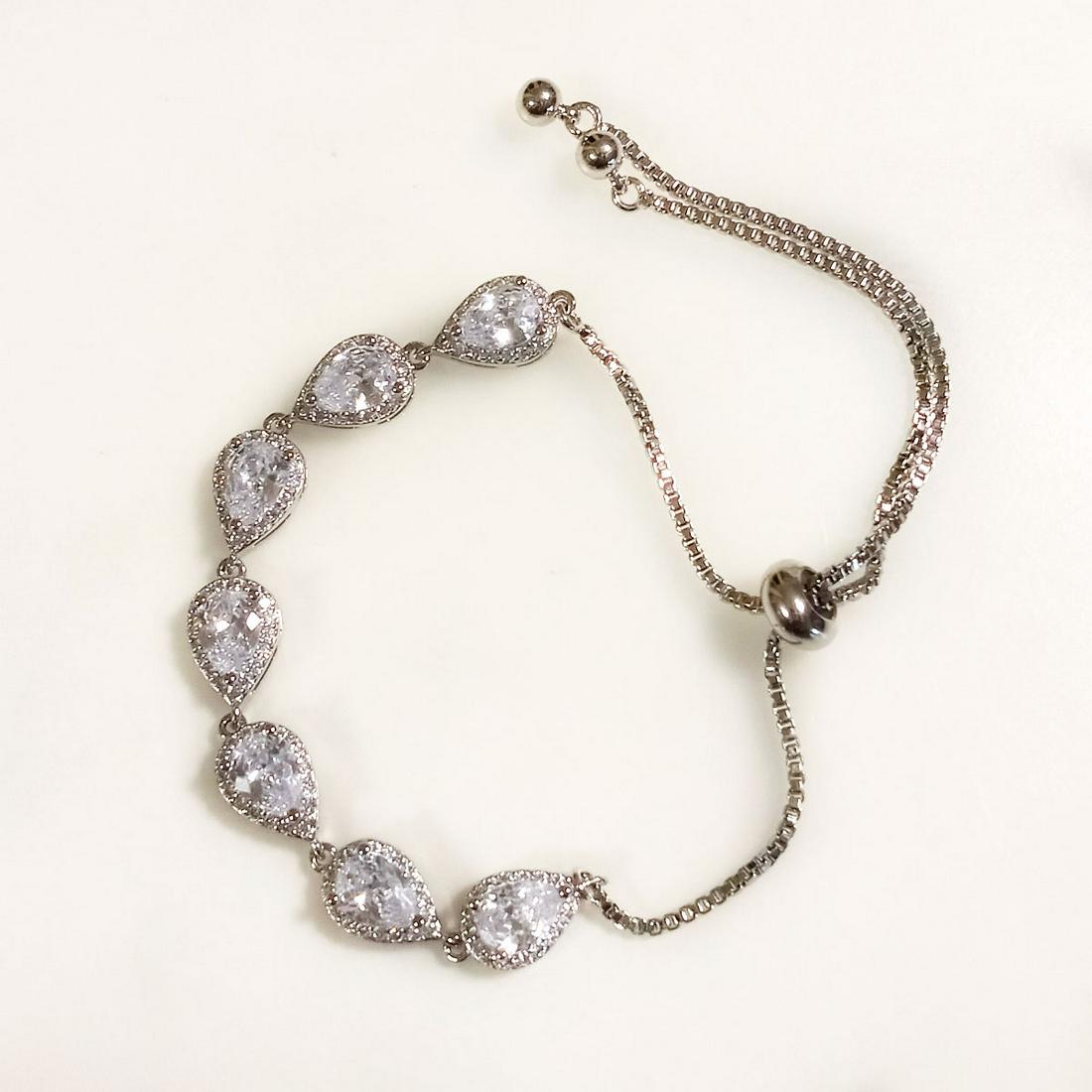 Silver tone pear shape CZ box chain adjustable bracelet (1 of 4)