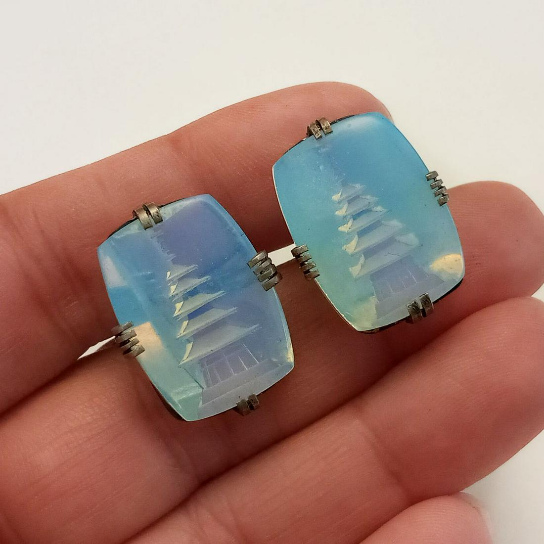 Vintage sterling silver etched temple Opalite cufflinks (1 of 5)