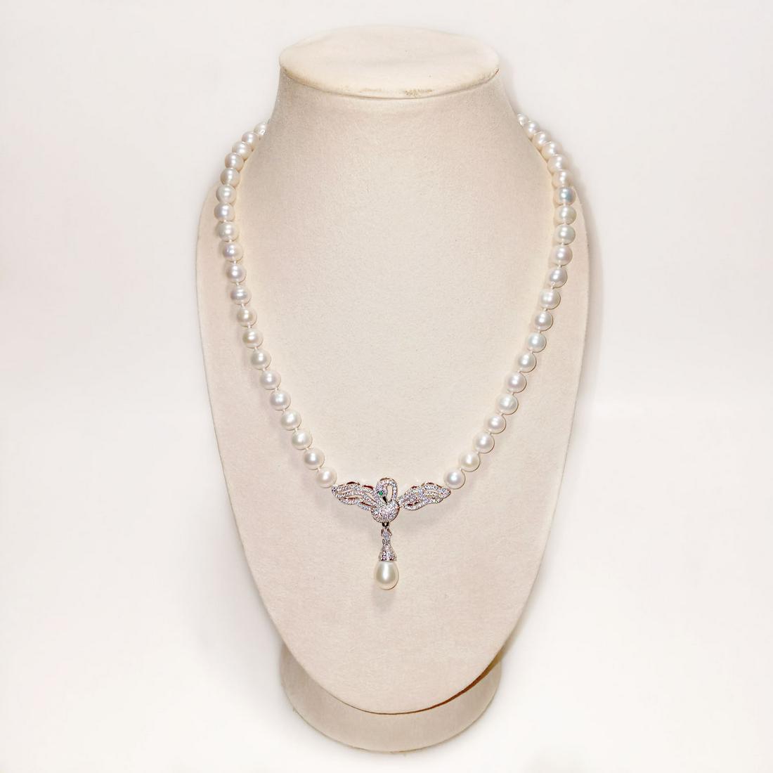 8-8.5 mm Akoya pearl CZ Swan knotted necklace (1 of 5)