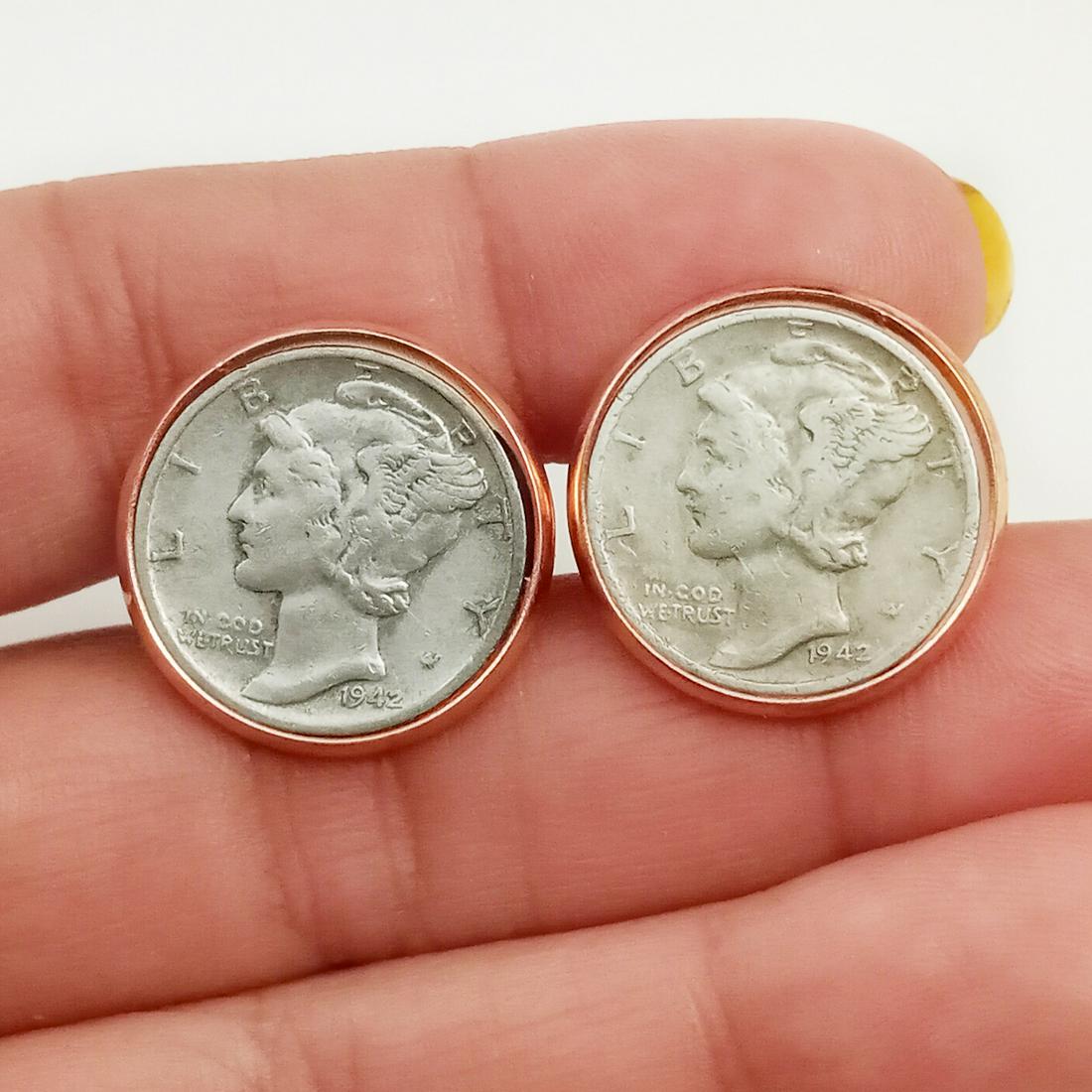 Silver Mercury Dime 1942 coin rose gold tone cufflinks (1 of 5)