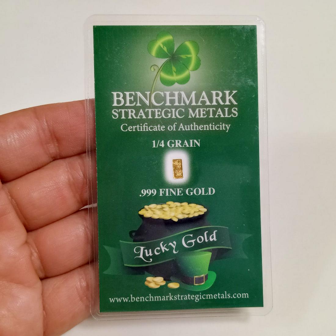 24K Gold 0.25 GRAIN Benchmark tiny bullion: Collectible Lucky Gold 24K Gold 0.25 GRAIN Benchmark Strategic Metals tiny bullion COA. 0.25 GRAIN is 0.01619973 GRAMS. Condition very good.