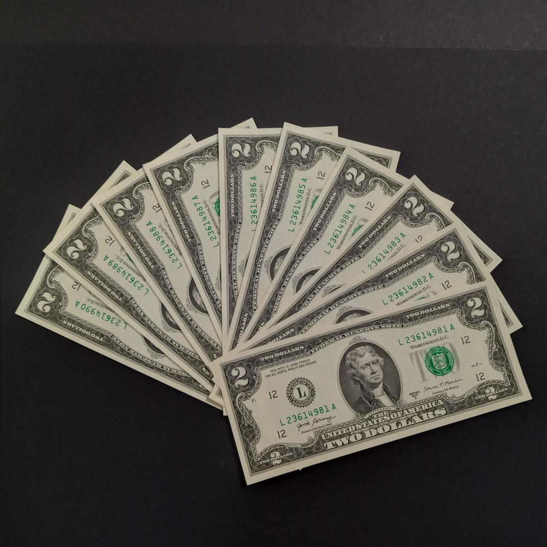 10 Consecutive serial nmbrs 2017A $2 dollar bills UNC (1 of 1)