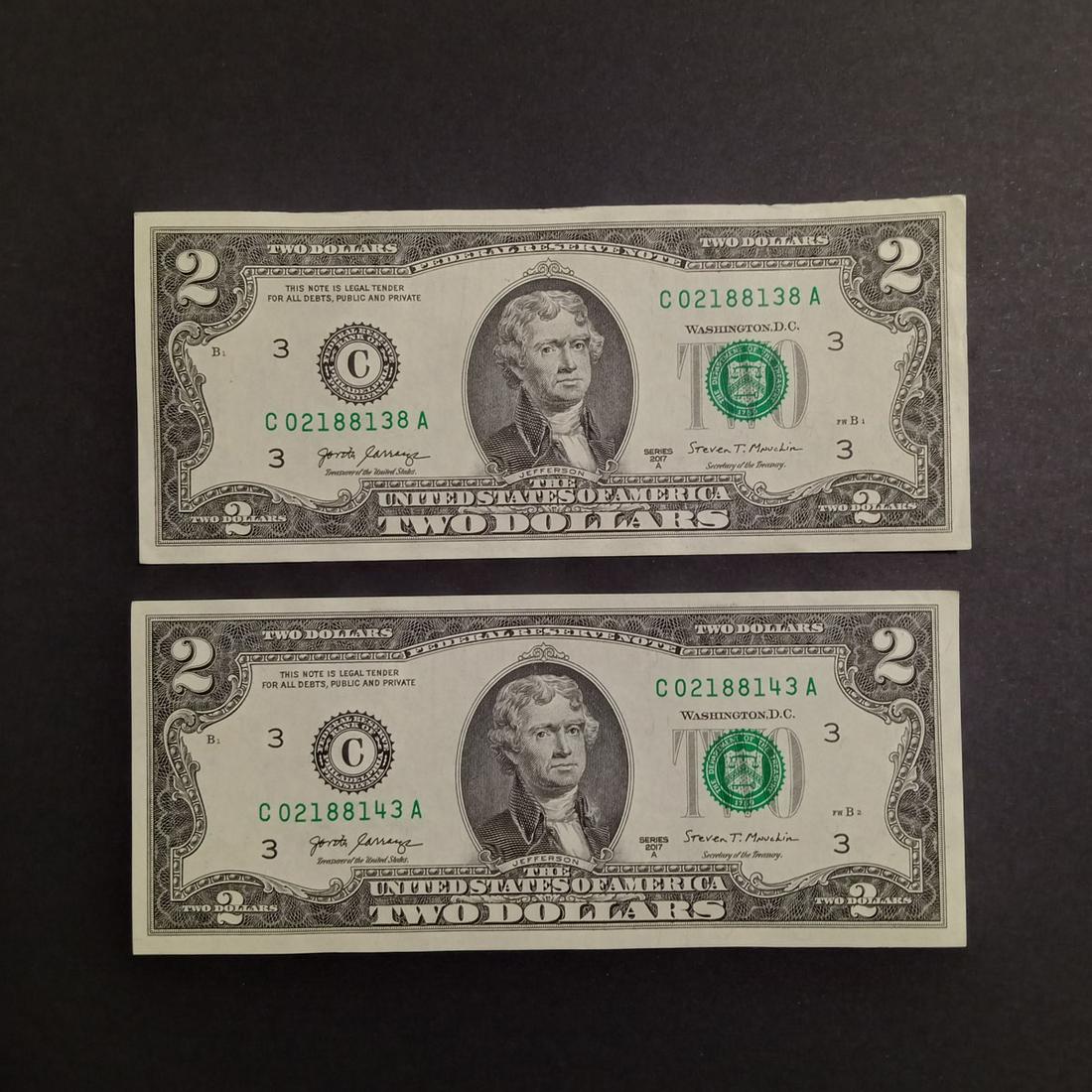 2 2017A US Fed Reserve $2 two dollar bills notes: Lot of 2 Collectible 2017A US Federal Reserve $2 Two dollars bills notes. Condition very good. Bills are crisp.