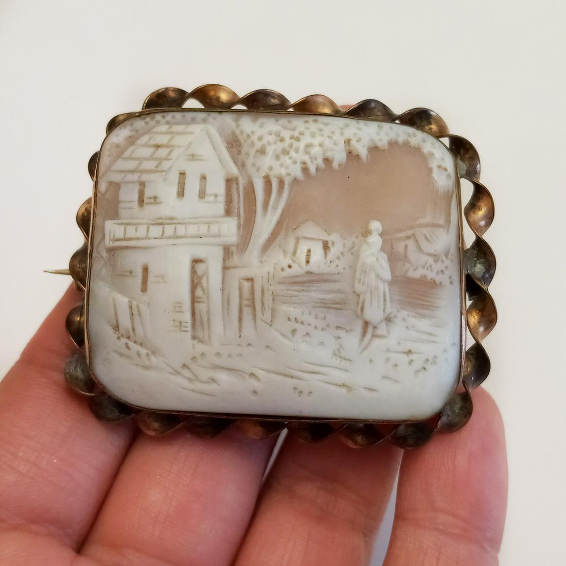 Antique copper tone Genuine shell carved cameo brooch (1 of 5)
