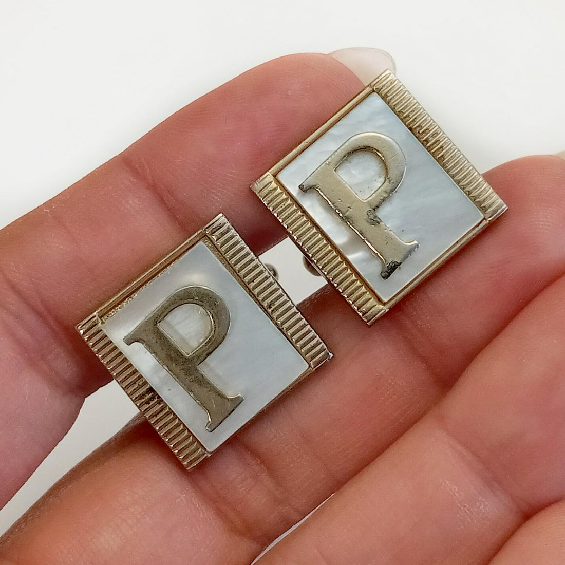 Vintage gold tone letter Initial P faux MOP cufflinks (1 of 6)