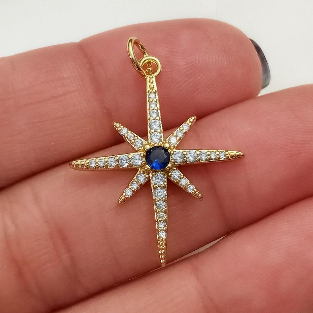Gold tone sapphire color, clear CZ Star shape pendant (1 of 4)
