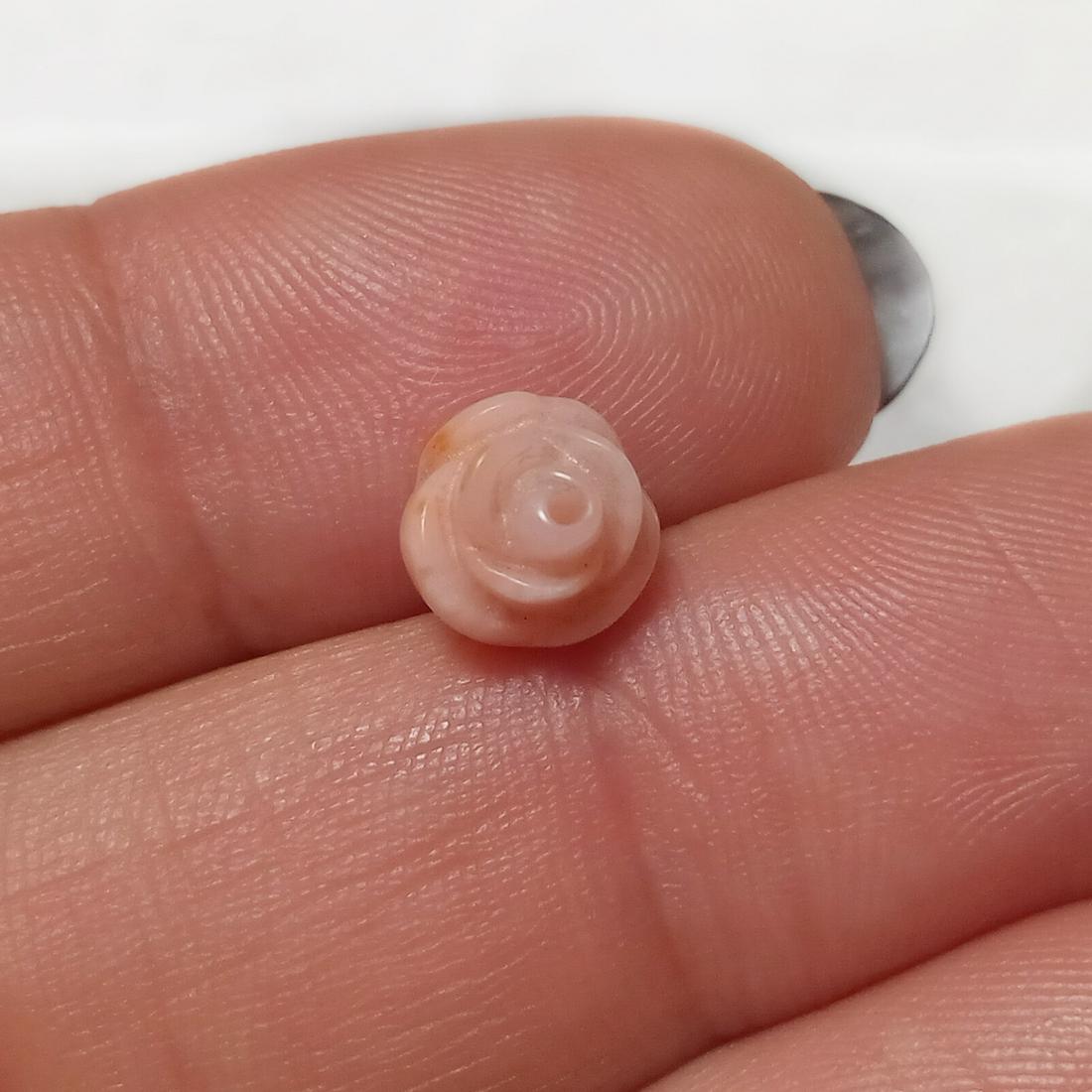 Carved genuine pink coral round Flower drilled 7 mm: Carved genuine pink coral round Flower half-drilled 7 mm bead. Coral measured 7.1 mm in diameter. Coral is dyed.