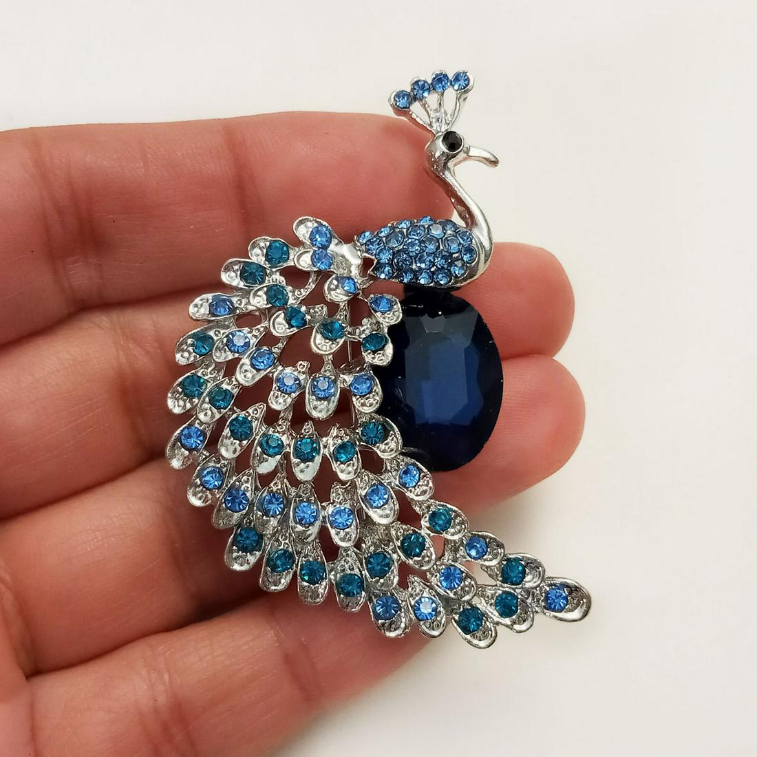 Silver tone blue rhinestones Peacock Bird brooch (1 of 3)