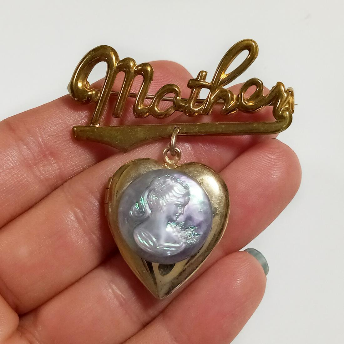Gold tone MOTHER dangling heart locket cameo brooch (1 of 4)
