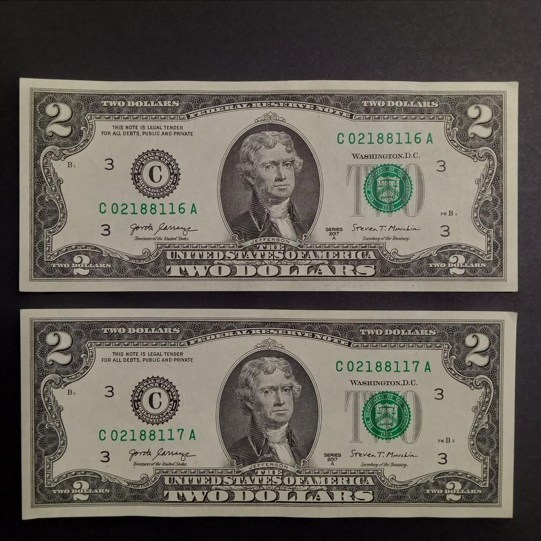 2 2017A US $2 dollar consecutive serial numbers bills: Lot of 2 Collectible 2017A US Federal Reserve $2 Two dollars consecutive serial numbers bill note. Condition excellent. Bills are crisp. Look like Uncirculated bills.