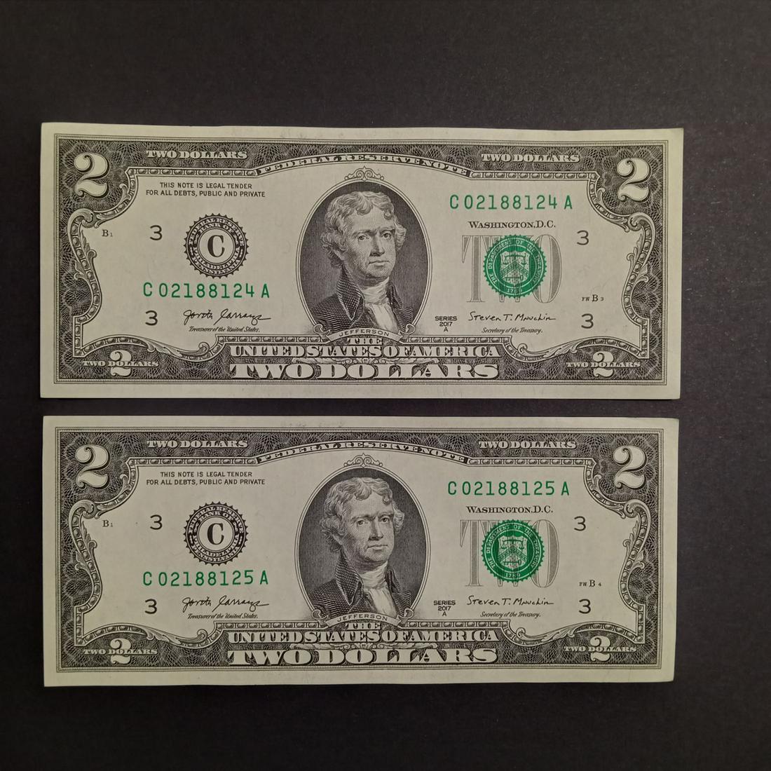 2 2017A US $2 dollar consecutive serial numbers bills (1 of 2)