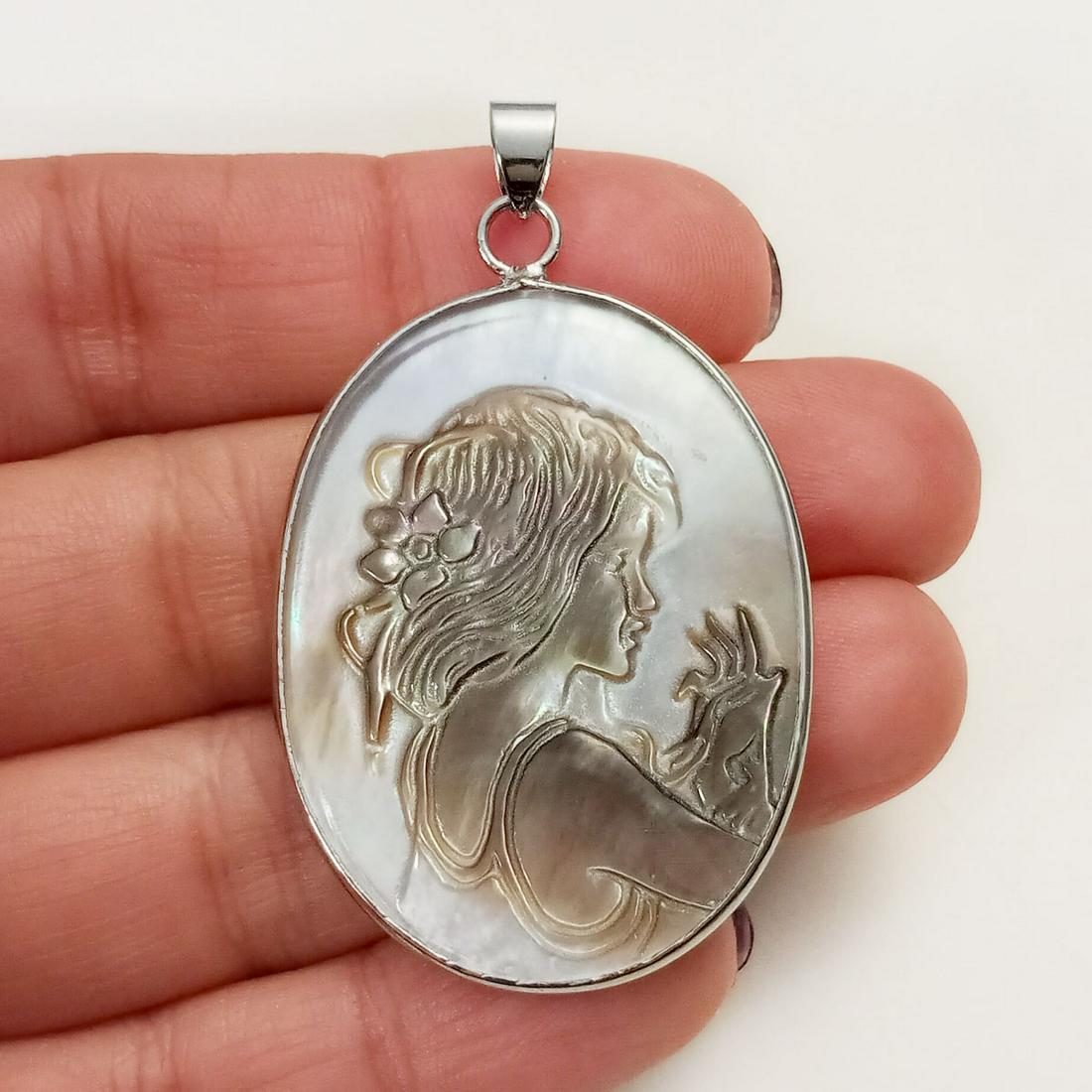 Silver tone black, white carved shell Cameo pendant (1 of 3)