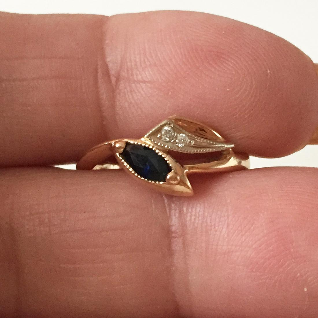 14K yellow gold blue sapphire diamond ring, size 6 1/4 (1 of 5)