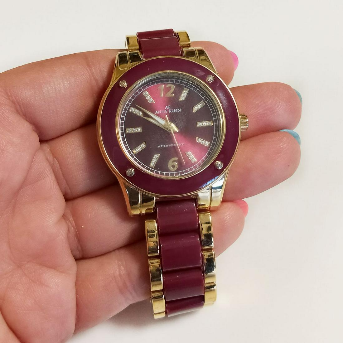 ANNE KLEIN Gold tone burgundy red watch (1 of 5)
