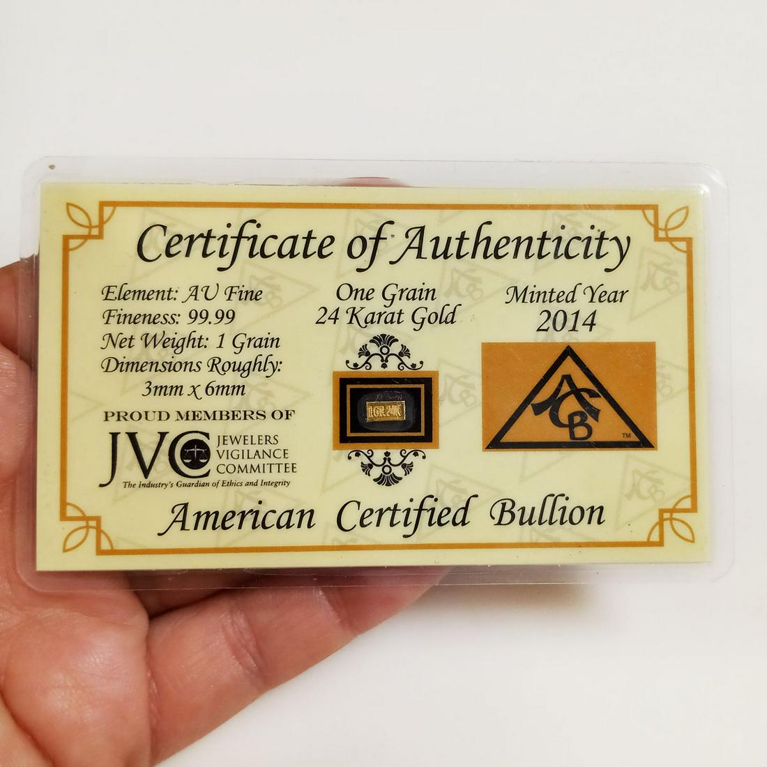 99.99/24K Fine Gold 1 GRAIN tiny bullion Minted 2014 (1 of 2)