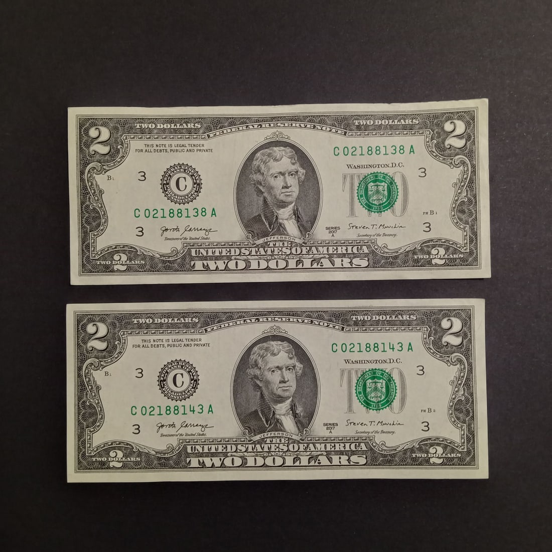 2 2017A US Fed Reserve $2 two dollar bills notes: Lot of 2 Collectible 2017A US Federal Reserve $2 Two dollars bills notes. Condition very good. Bills are crisp.
