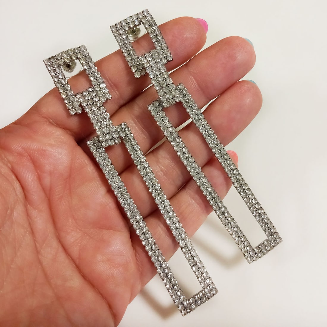 Silver tone rhinestones rectangular long earrings (1 of 3)