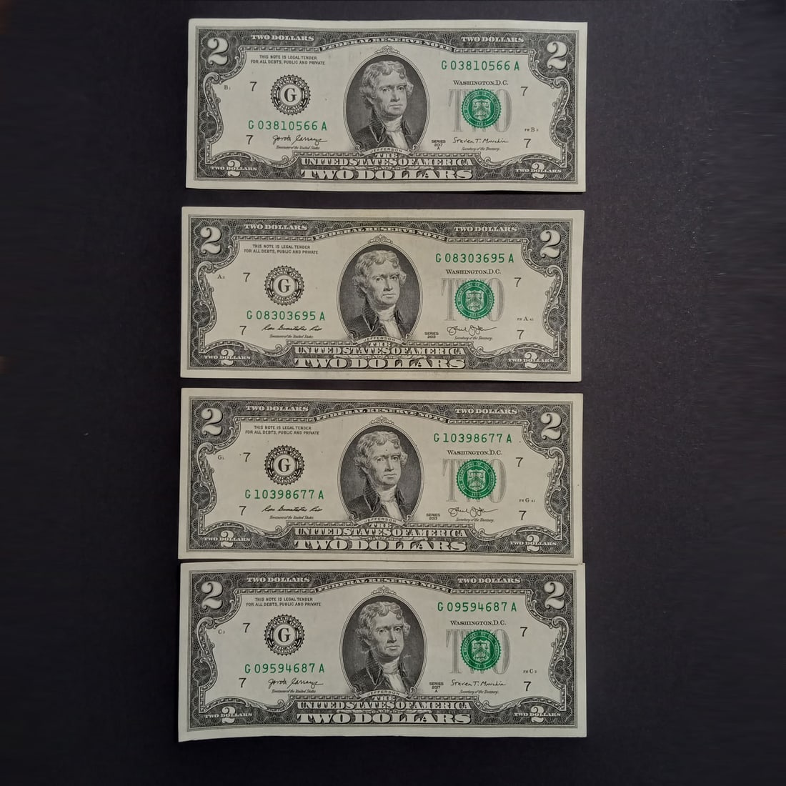 4 2017A US Fed Reserve $2 two dollar bills notes: Lot of 4 Collectible 2017A US Federal Reserve $2 Two dollars bills notes. Condition excellent. Bills are crisp. Look like Uncirculated bills.