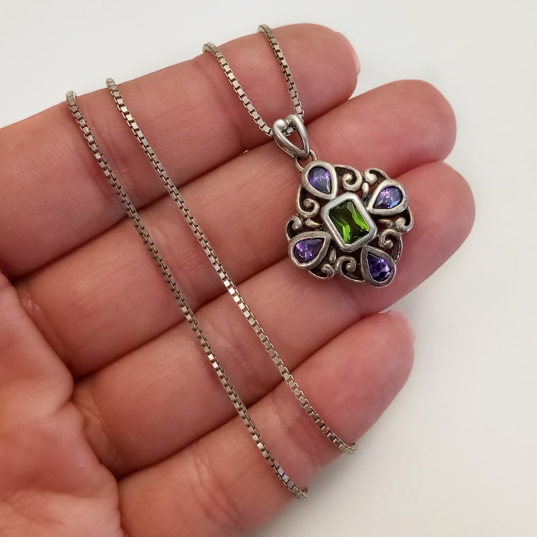 Sterling silver multicolor pendant, box chain necklace (1 of 4)