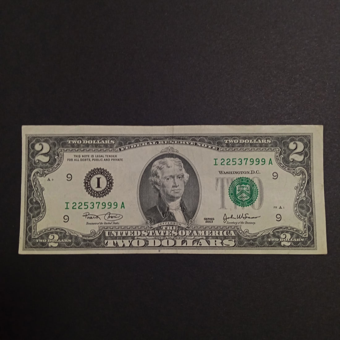 Collectible Faulty Alignment /Miscut Error 2003 US Federal Reserve $2 Two dollars bill note (1 of 2)