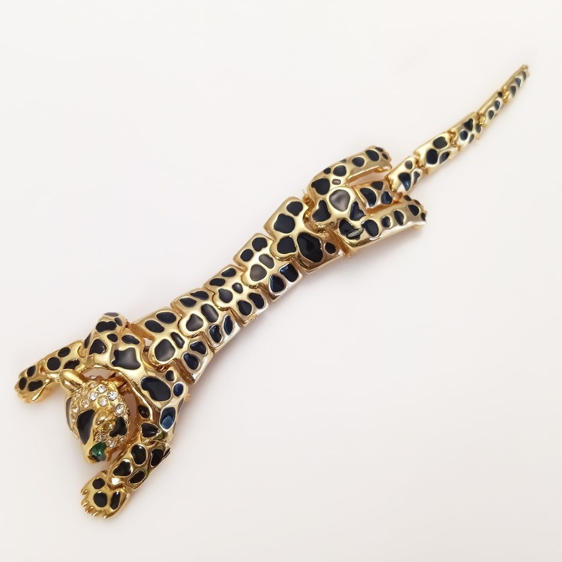 Gold tone rhinestones, black enamel leopard articulated hinged brooch (1 of 8)