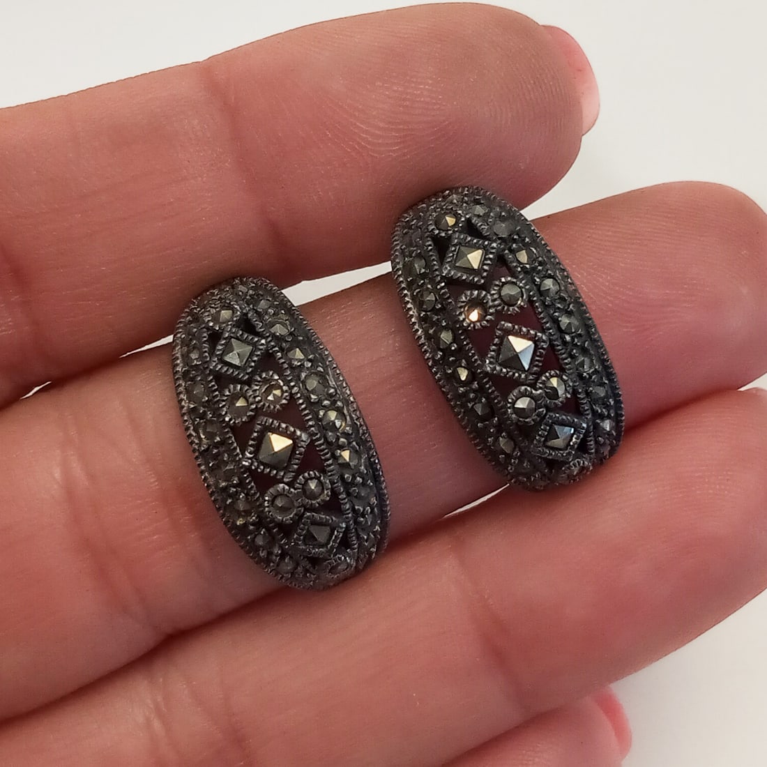 Sterling silver marcasites push back earrings (1 of 3)