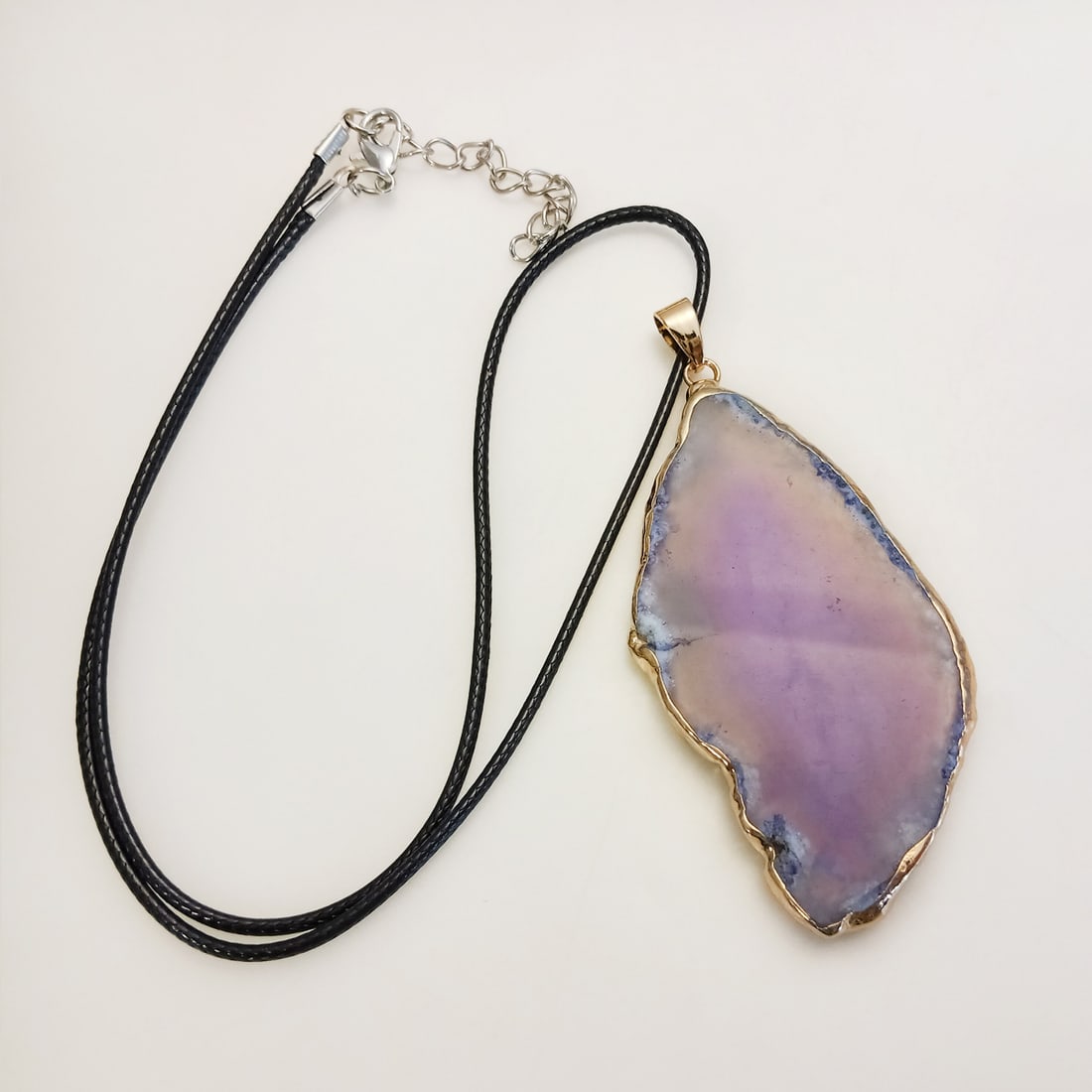 Gold tone purple agate slice pendant with black faux leather cord necklace (1 of 4)