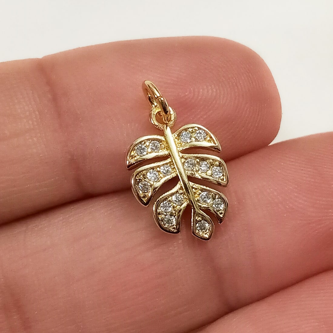 Gold tone clear CZ Leaf shape tiny pendant charm (1 of 3)