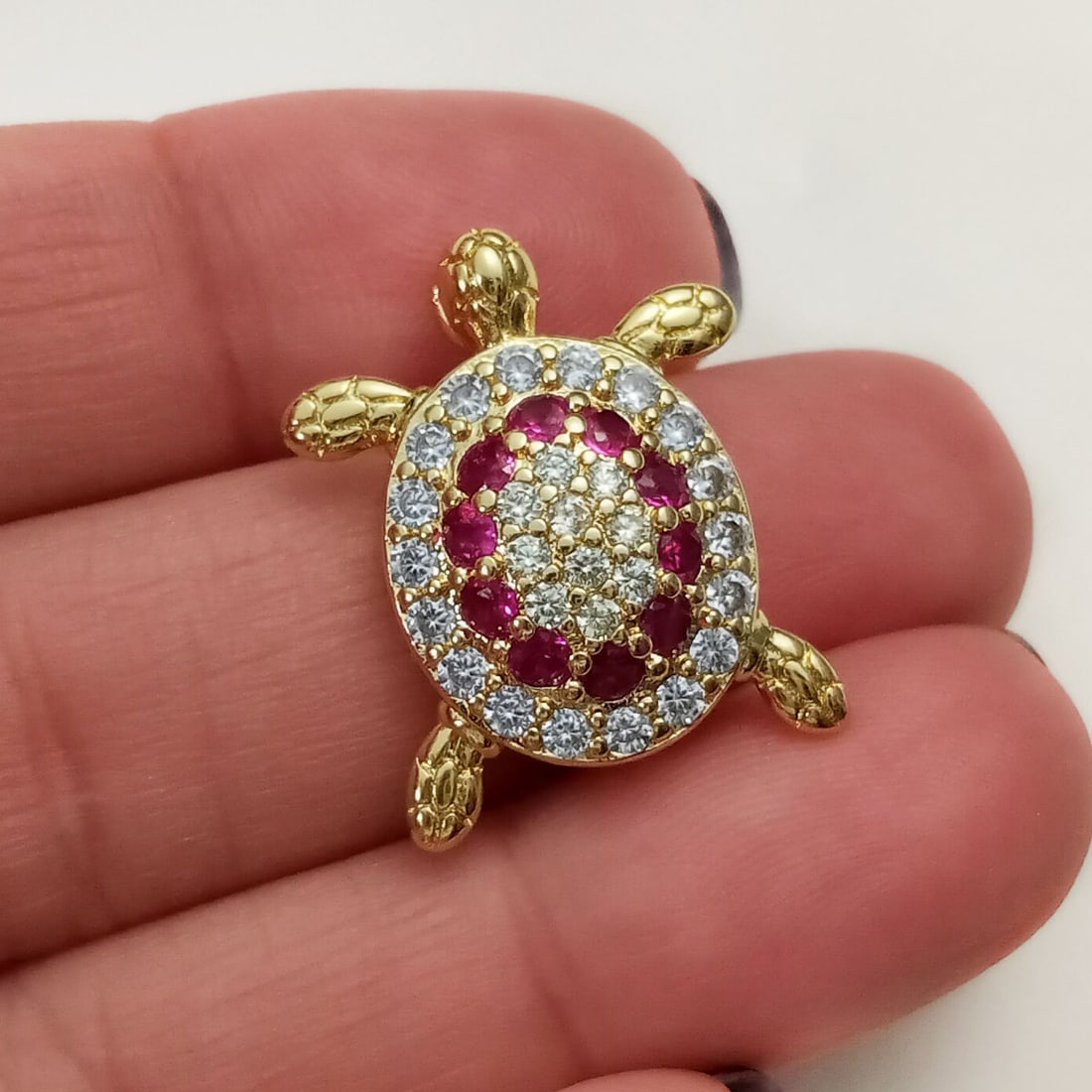 Gold tone red color, clear CZ Turtle pendant (1 of 4)