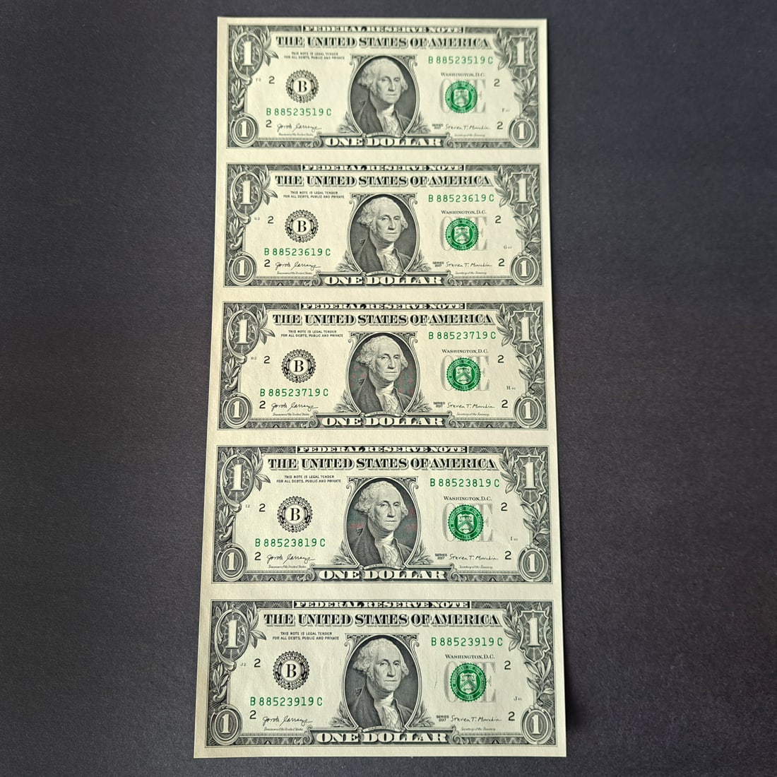 Collectible $1 one dollar: Five-Note Sheet (1 of 2)