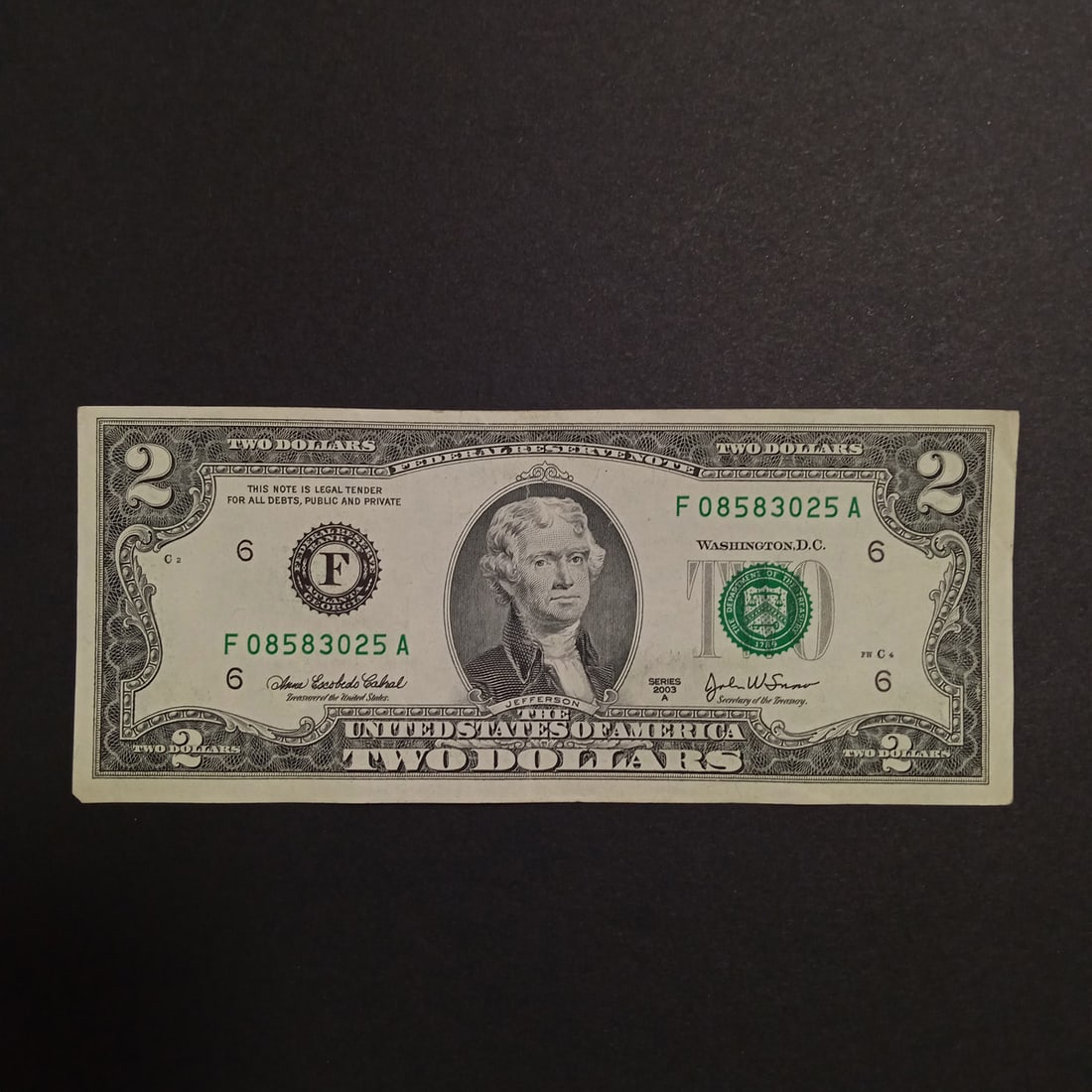 Collectible Faulty Alignment /Miscut Error 2003A US Federal Reserve $2 Two dollars bill note: Collectible Faulty Alignment /Miscut Error 2003A US Federal Reserve $2 Two dollars green seal bill note. Condition very good. Bill is crisp.