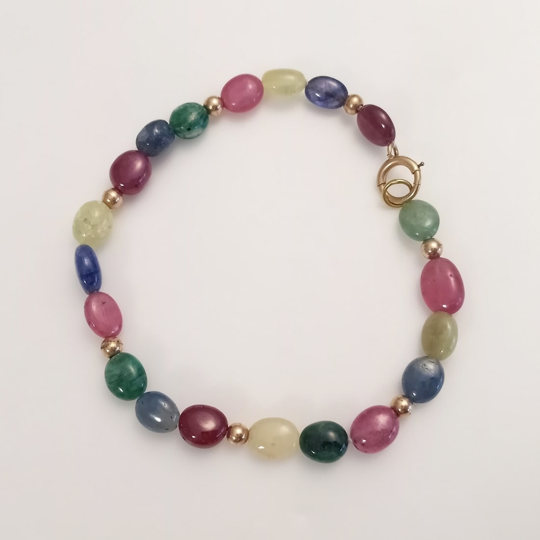 14K yellow gold oval Sapphire, Ruby, Emerald beads, GP round beads knotted bracelet (1 of 3)
