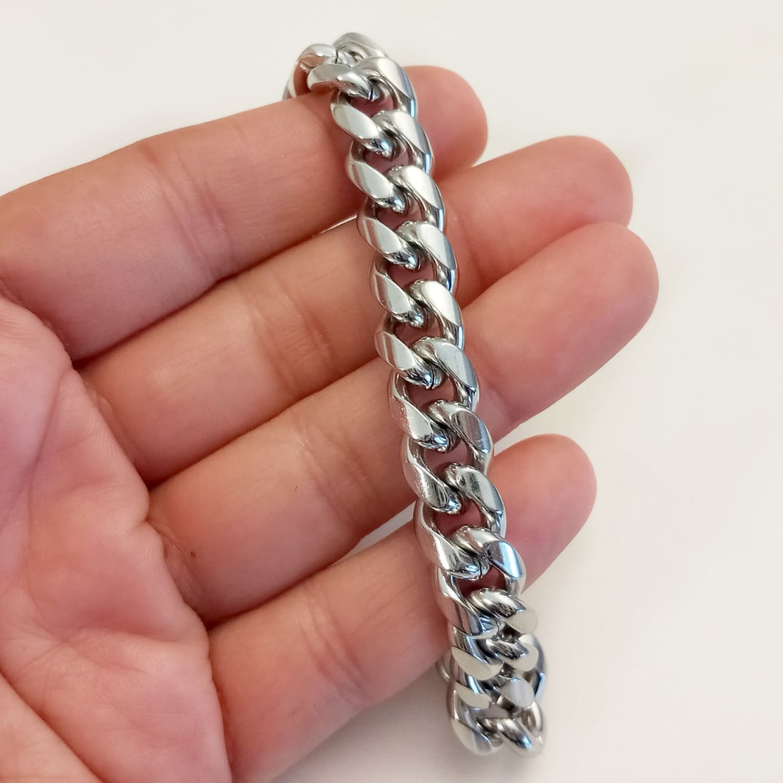 10 mm St steel silver tone Cuban link bracelet 8 3/8 + 1/2 inches (1 of 2)