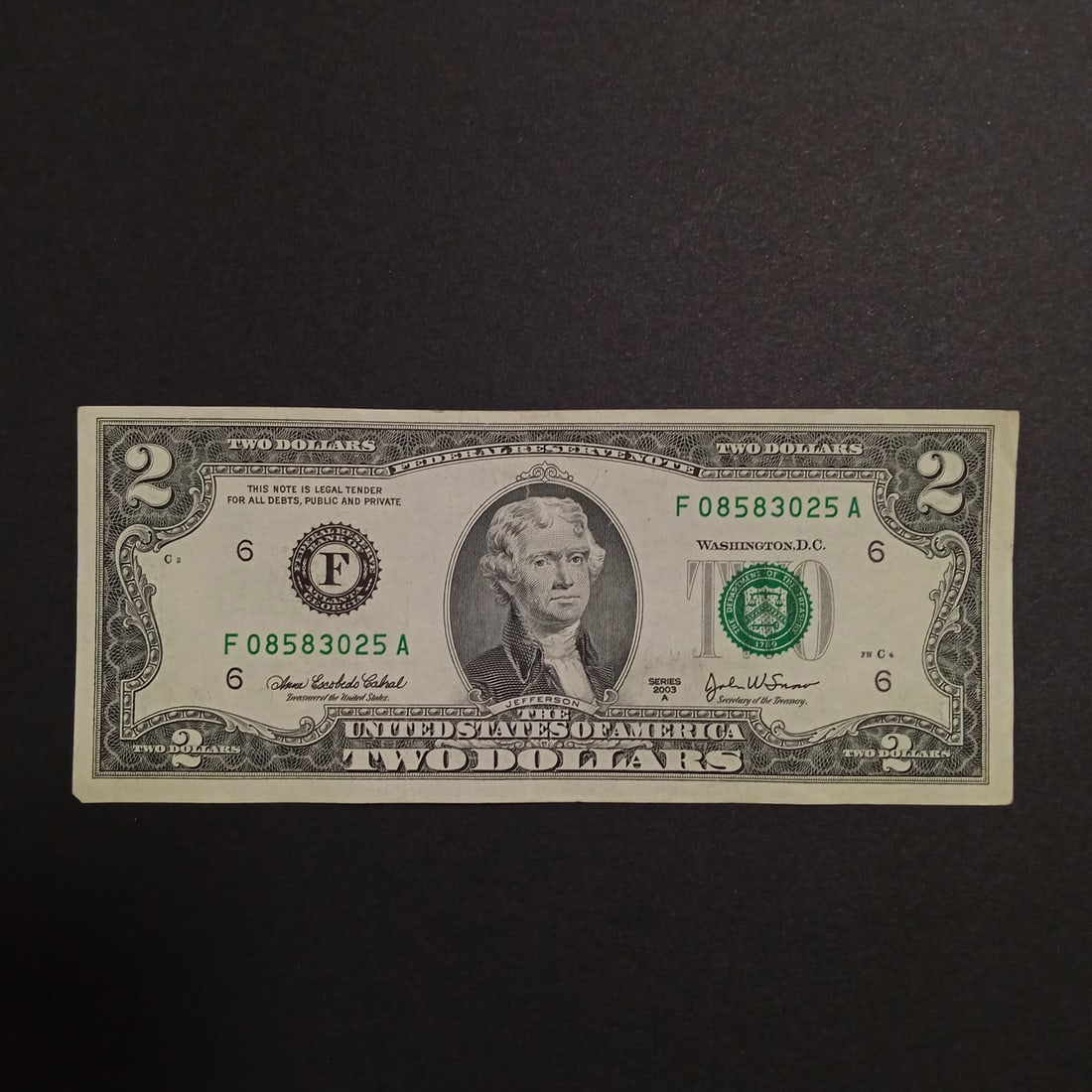 Collectible Faulty Alignment /Miscut Error 2003A US Federal Reserve $2 Two dollars bill note: Collectible Faulty Alignment /Miscut Error 2003A US Federal Reserve $2 Two dollars green seal bill note. Condition very good. Bill is crisp.