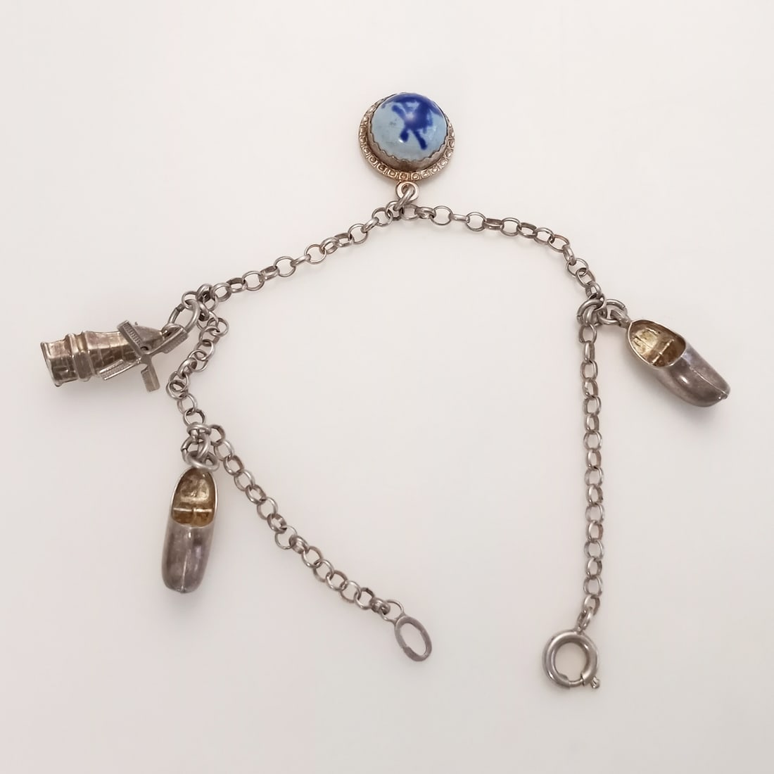 Vintage sterling silver Dutch theme windmill, clogs, blue porcelain charms bracelet, 7 3/8 inches (1 of 6)