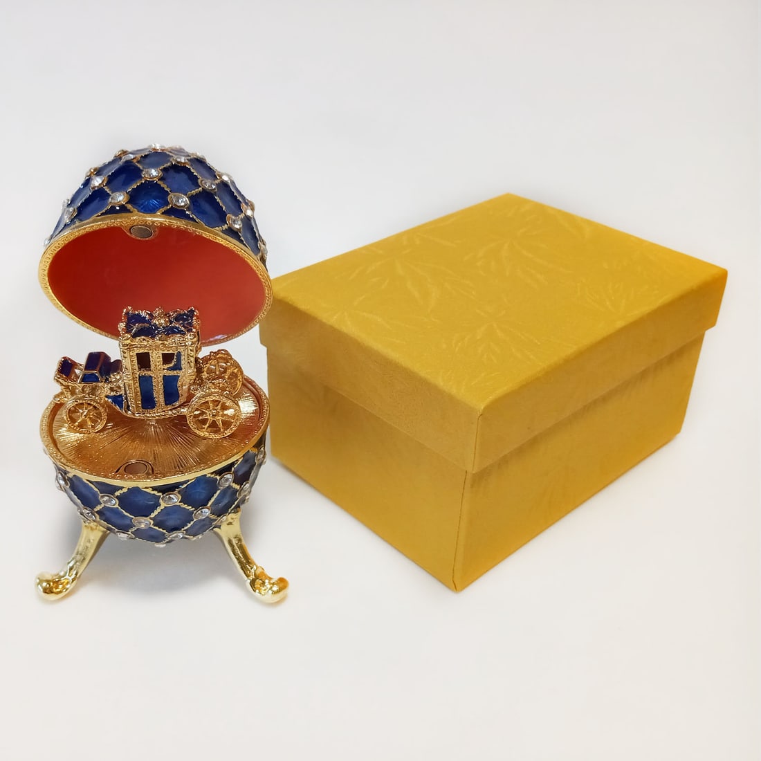 Faberge style navy blue enamel, rhinestones egg trinket figurine with small antique style carriage (1 of 7)