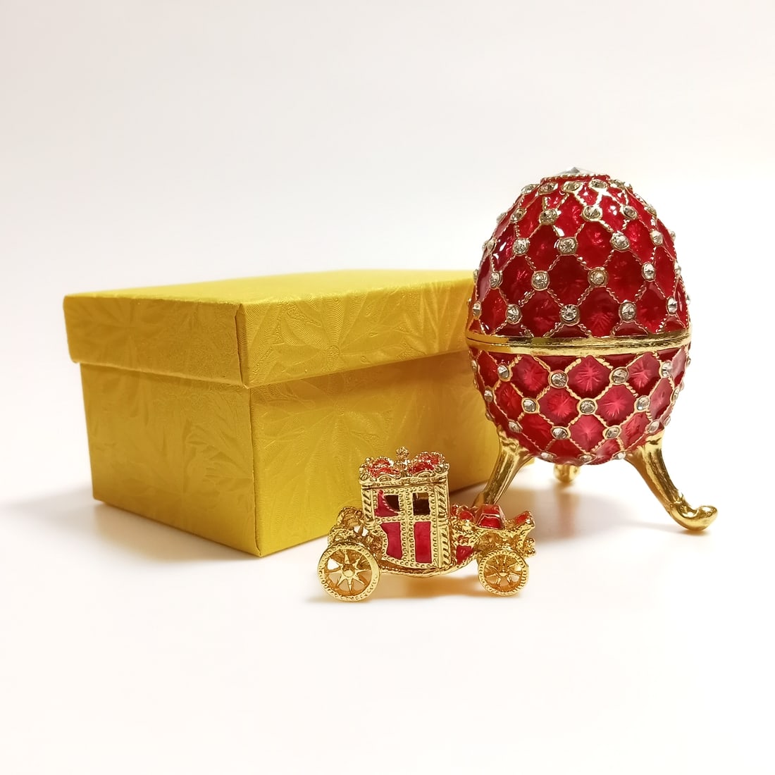 Faberge style red enamel, rhinestones egg trinket figurine with small antique style carriage (1 of 9)