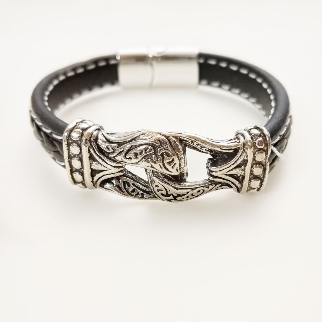 Silver tone buckle accent braided black bracelet (1 of 6)