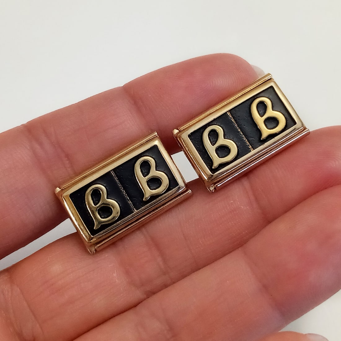 Vintage gold tone Initials Letters B B black background rectangular shape cufflinks (1 of 5)