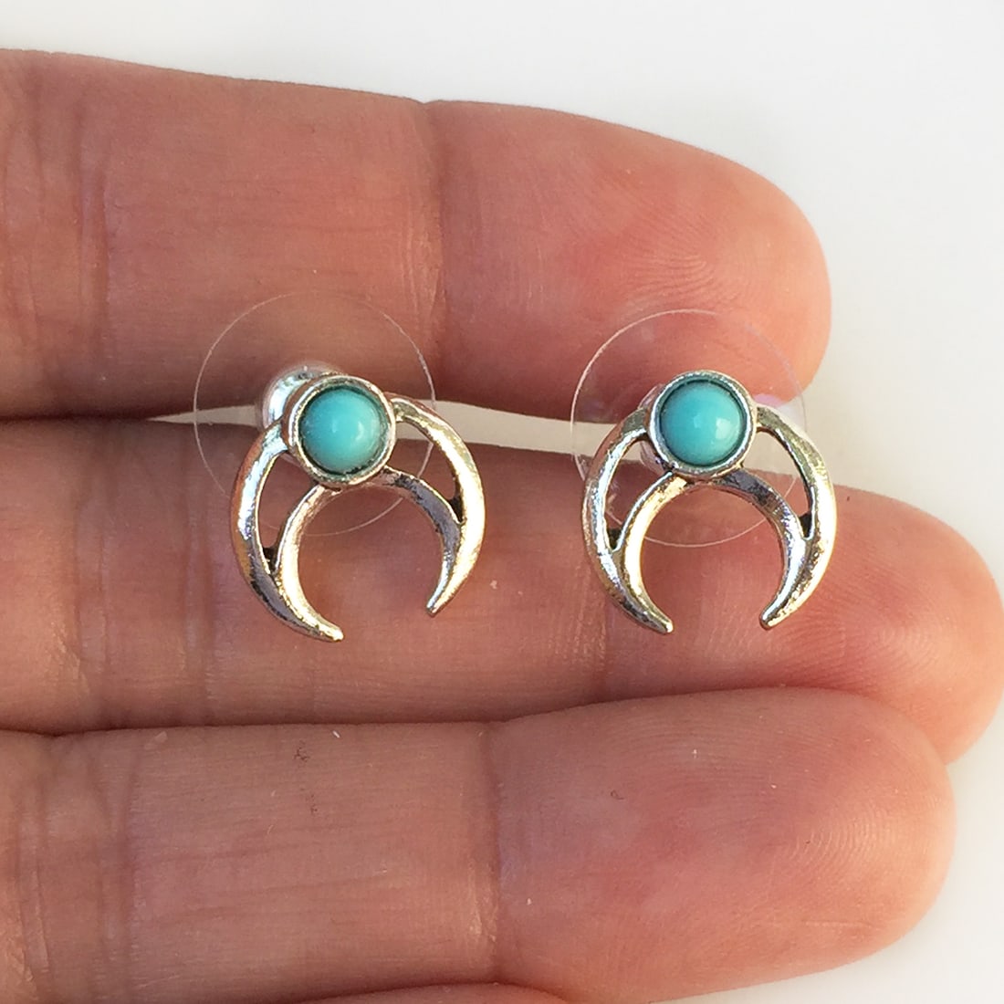 Silver tone turquoise color cab Crescent shape earrings (1 of 3)