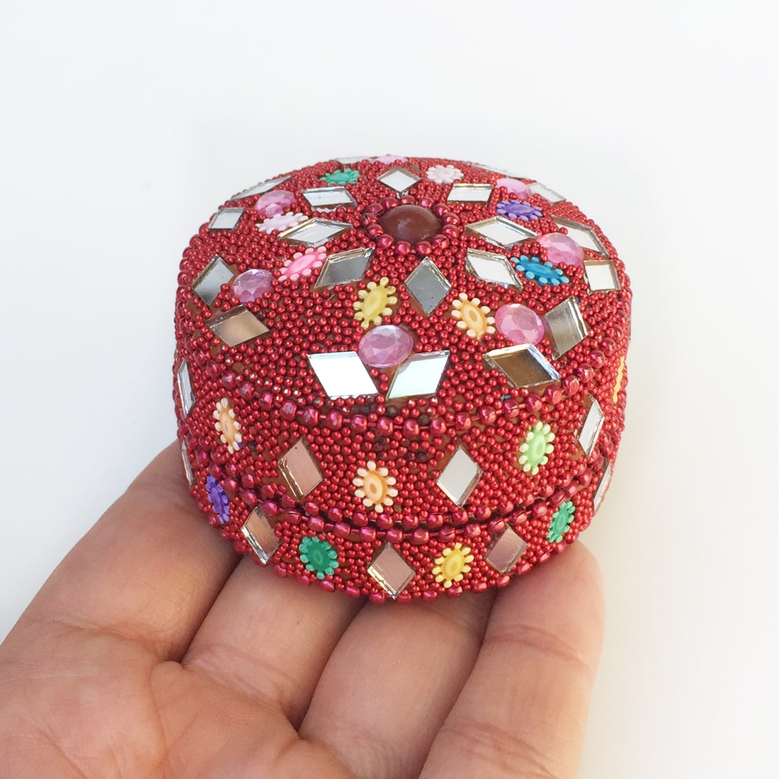 Red beads crystals mirror flowers trinket jewelry box (1 of 7)