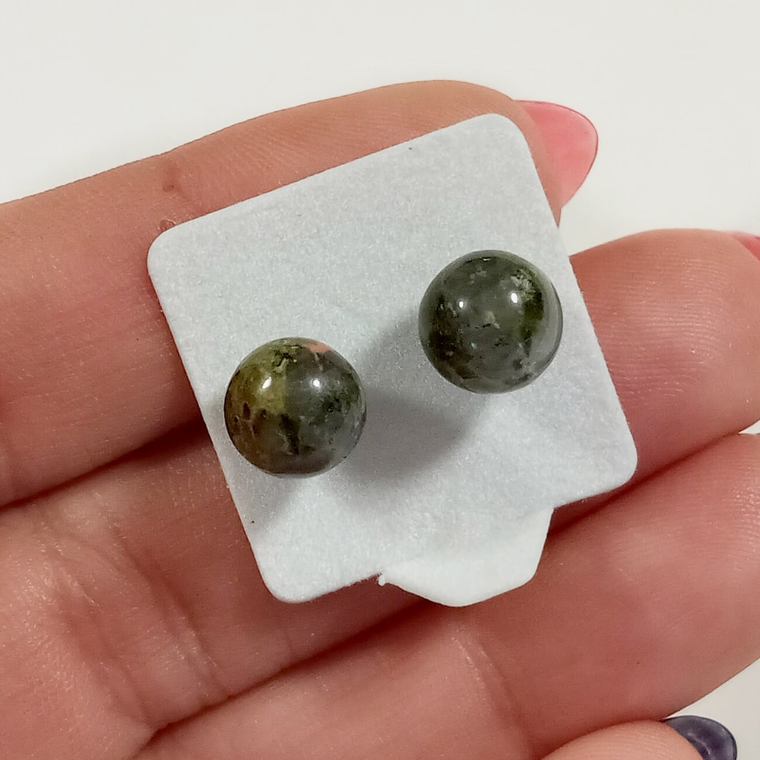8 mm Round Unikite beads silver tone stud earrings (1 of 3)