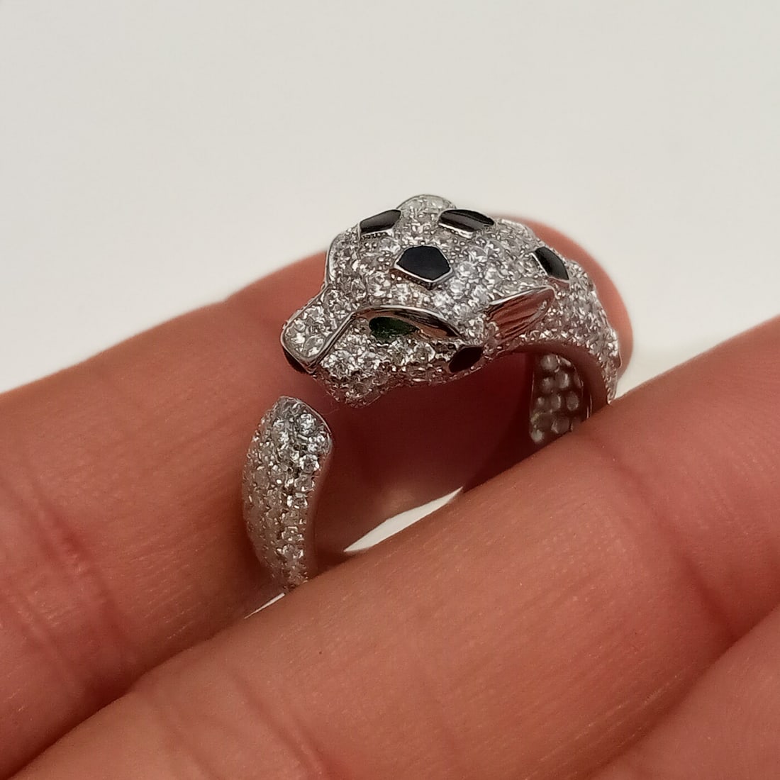 Sterling silver pave set clear CZ, enamel Panther Leopard Cat ring, size 7 (1 of 7)