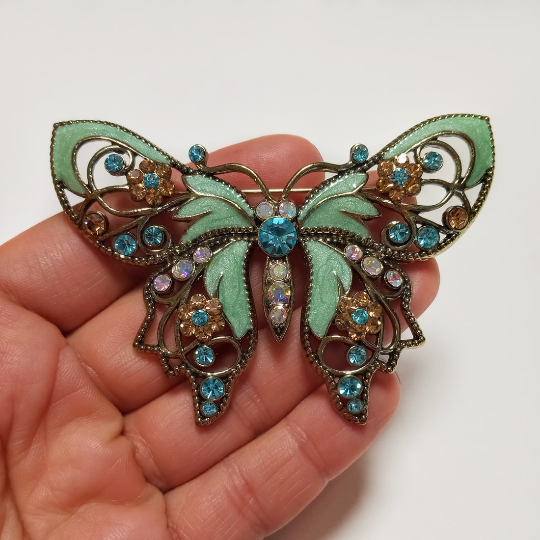 AVON SP Gold tone blue enamel, multicolor rhinestones butterfly brooch, signed (1 of 4)