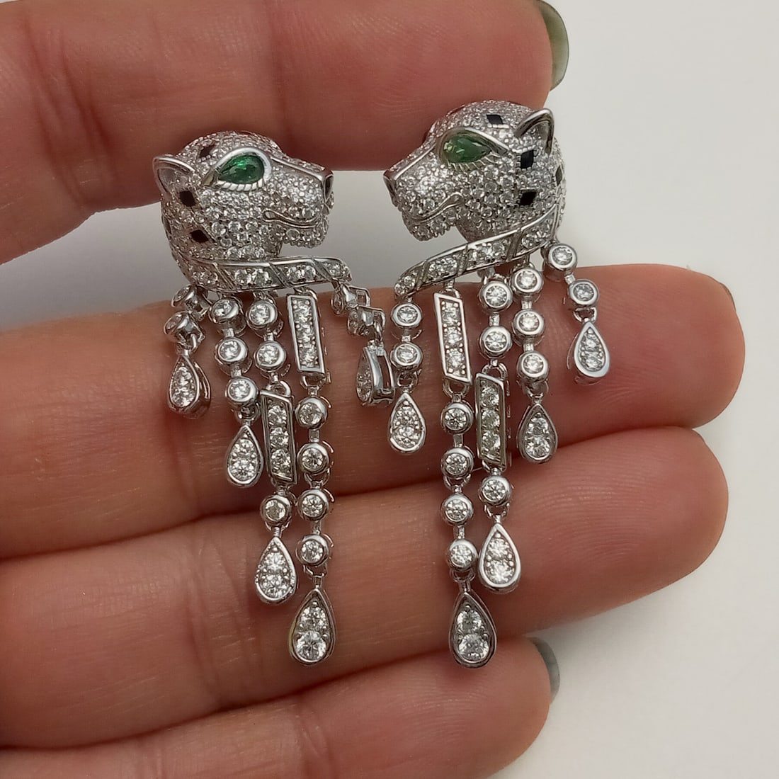 Sterling silver clear and green CZ enamel Panther Leopard Cat chandelier earrings (1 of 3)