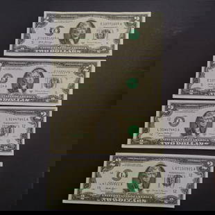 Lot of 4 Collectible US 2017A Two dollar $2 bill notes with consecutive serial numbers, UNC: Lot of 4 Collectible US 2017A Two dollar $2 bill notes with consecutive serial numbers, UNC. Bills are crisp.