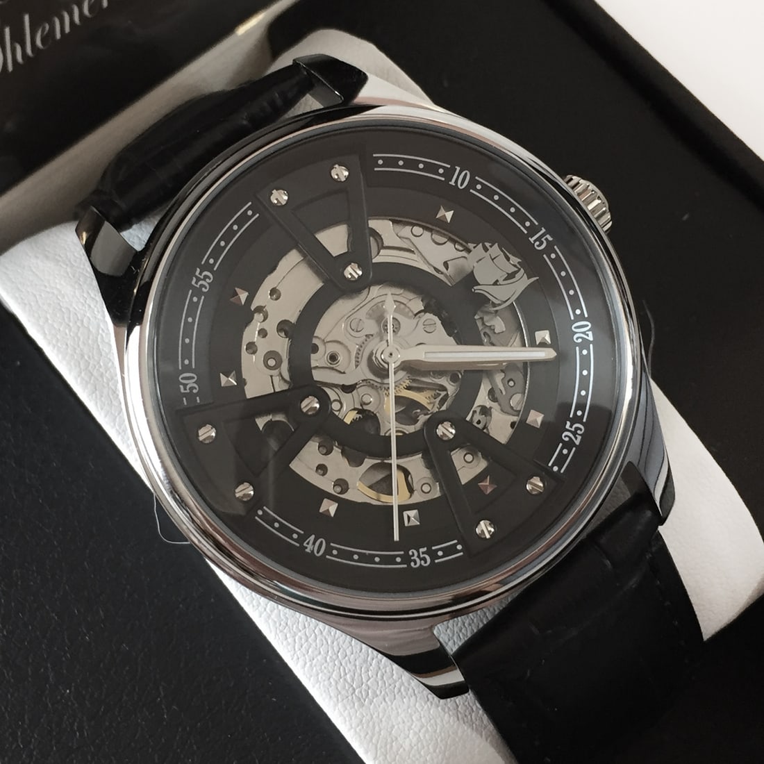 Stainless steel Robert Shlement skeleton automatic Miyota movement watch with genuine black leather (1 of 11)