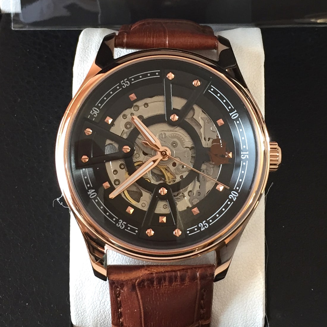 Stainless steel Robert Shlement skeleton automatic Miyota movement watch with genuine brown leather (1 of 11)