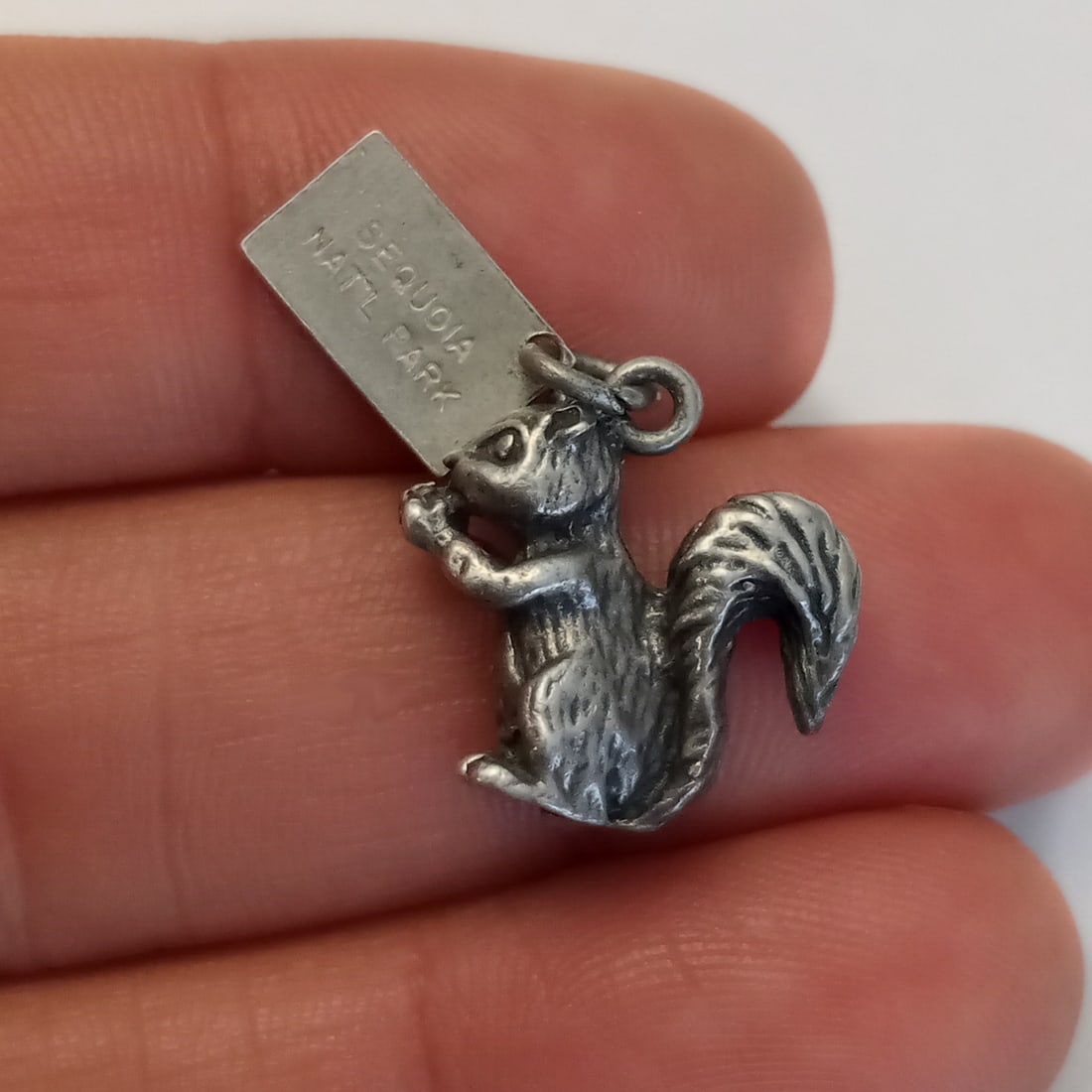 Vintage sterling silver Squirrel Sequoia National Park charm: Vintage sterling silver Squirrel Sequoia National Park charm. Weight 3.98 grams. Length 3/4 inches with bail. Hallmarked Sterling by Bell, Sequoia National park. Condition very good.