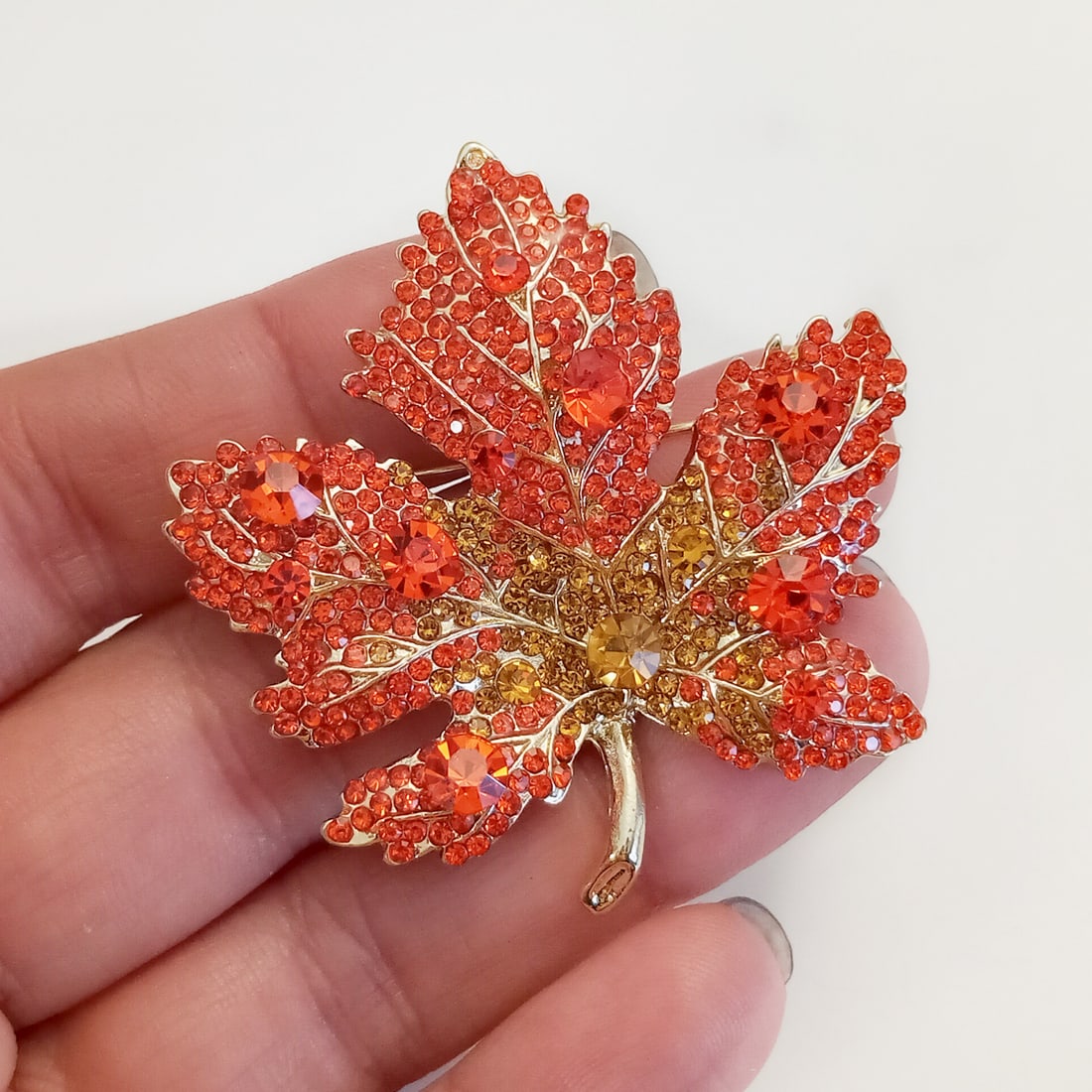 Gold tone orange rhinestones Maple leaf brooch pendant (1 of 3)